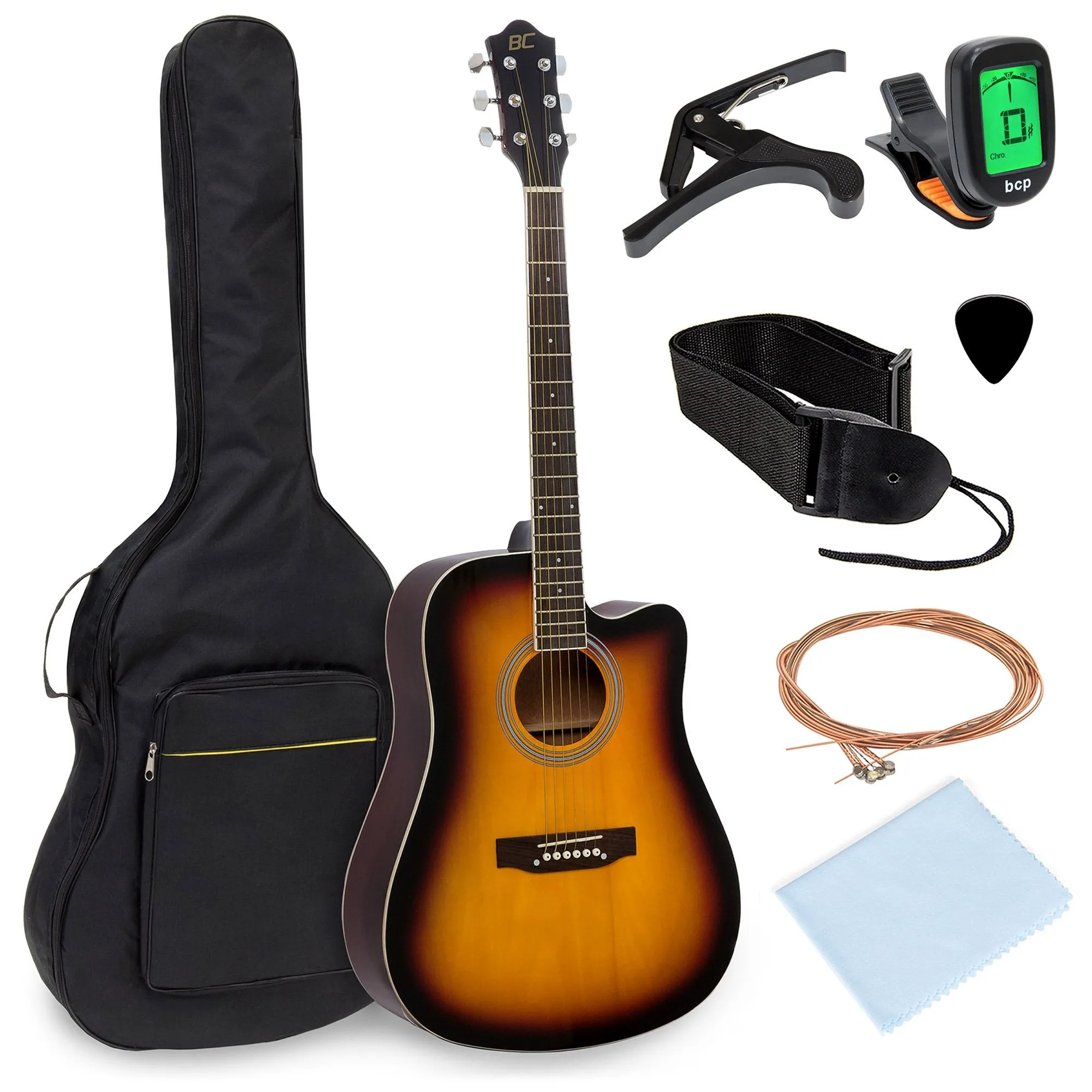 41in Full Size Beginner Acoustic Cutaway Guitar Set w/ Case, Capo, Tuner