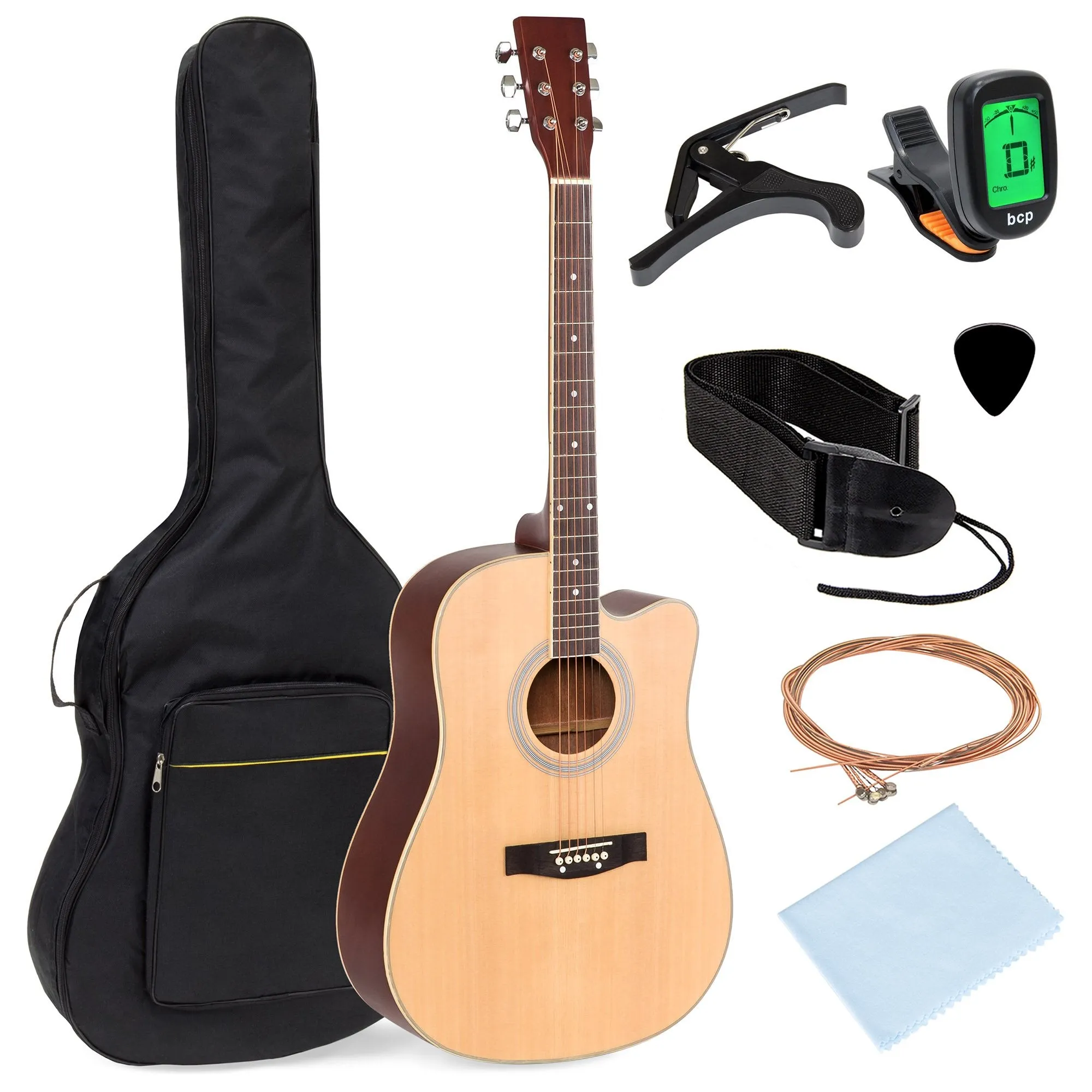 41in Full Size Beginner Acoustic Cutaway Guitar Set w/ Case, Capo, Tuner