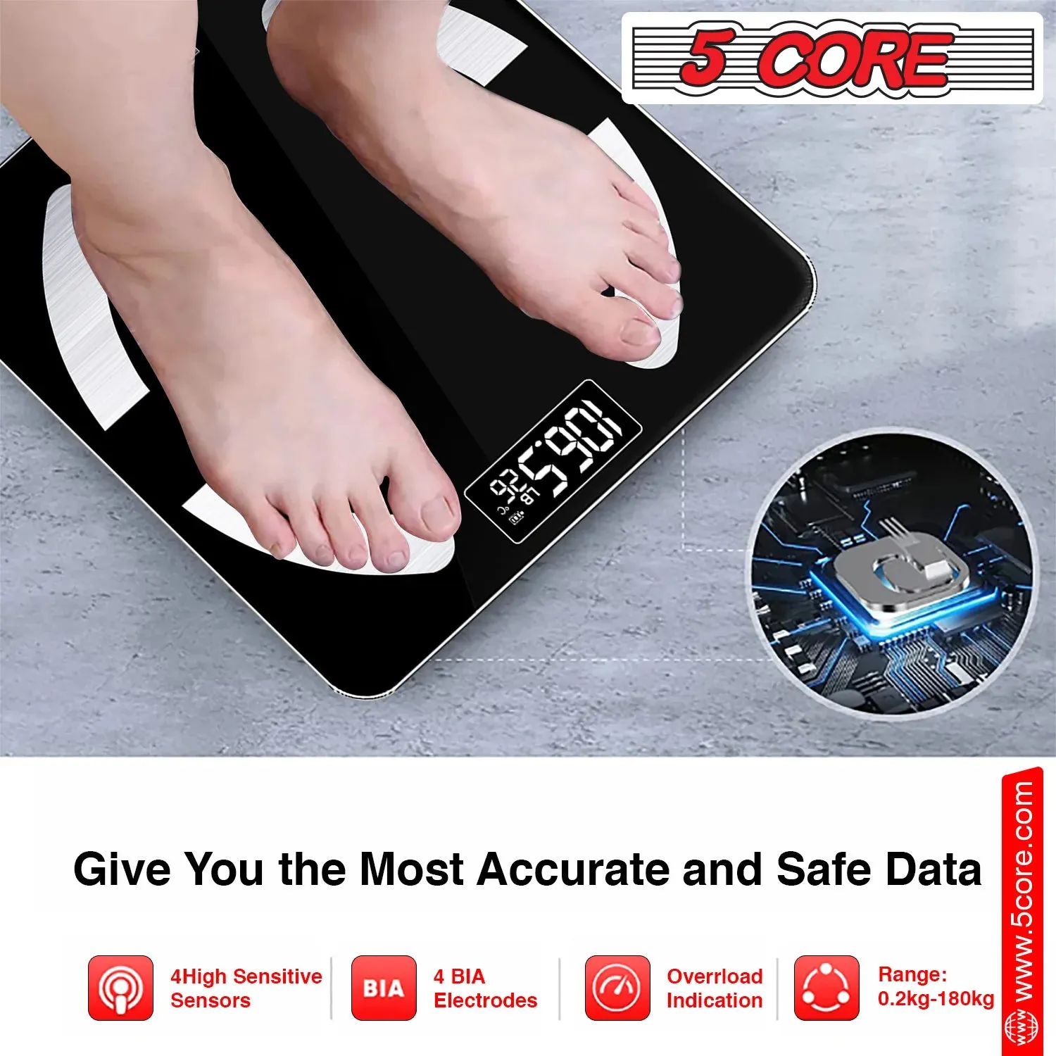 5 Core Bathroom Scale for Body Weight Smart Digital Weighing Machine Body Composition Monitor Health Analyzer with Smartphone App 400 Lbs Batteries Included-Bbs 03 B BLK