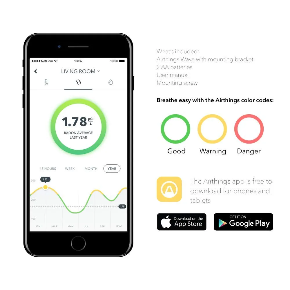 Airthings Wave 2nd Generation Smart Radon Gas Detector, Free App & Dashboard, Humidity and Temp, Accurate, No Lab Fees, Battery-operated, Bluetooth, Works With Google Assistant, Amazon Alexa 2950