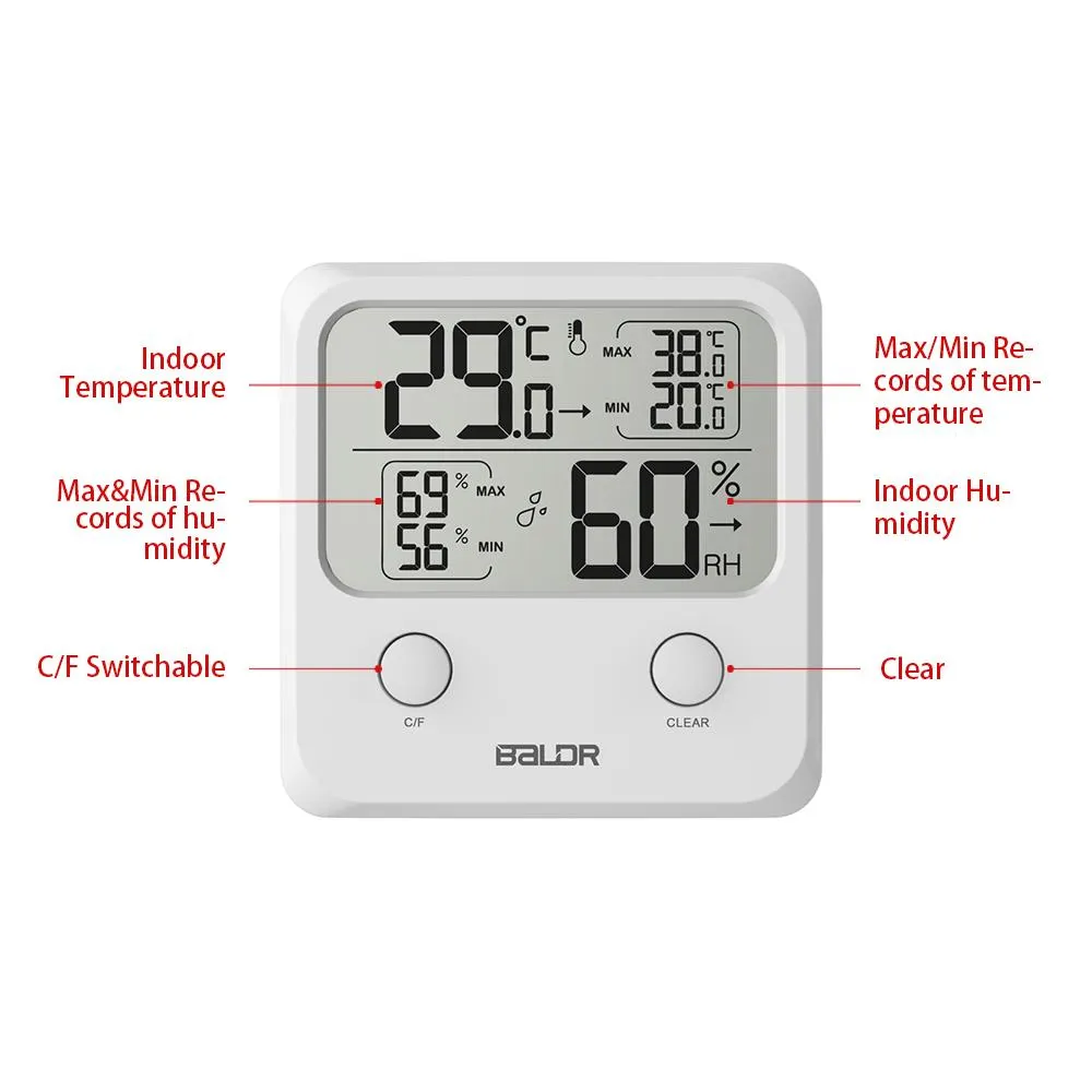 BALDR Digital Thermometer/ Hygrometer, High Contrast - White