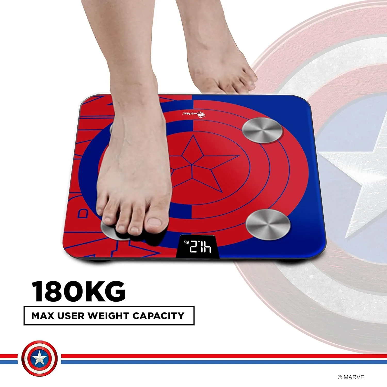 BCA-130 Marvel Edition Blue Captain America Digital Weight Machine for Human Body - High Accuracy Bathroom Weighing Scale with Step-on Technology & Super Durable 6mm Tempered Glass