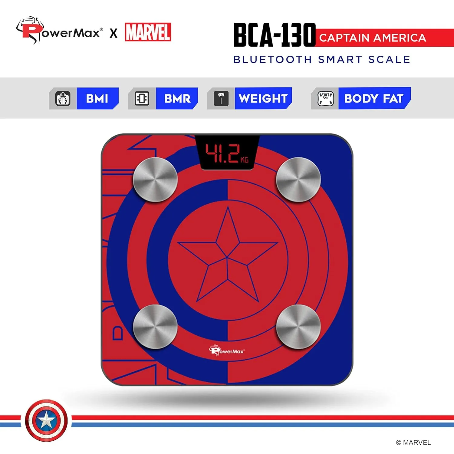 BCA-130 Marvel Edition Blue Captain America Digital Weight Machine for Human Body - High Accuracy Bathroom Weighing Scale with Step-on Technology & Super Durable 6mm Tempered Glass