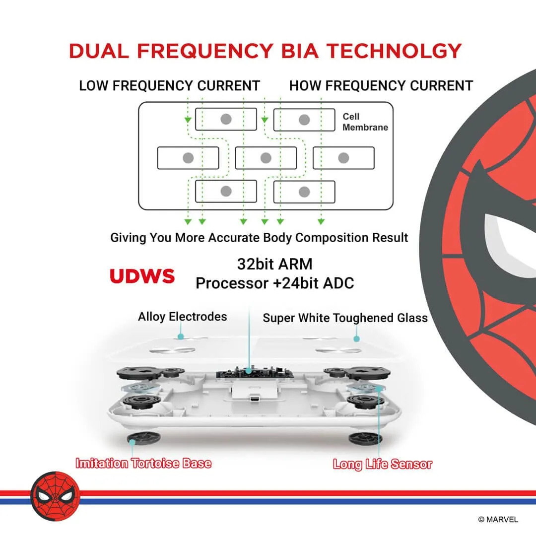 BCA-145 Spider-Man Edition Digital Bathroom Weight Scale for Human Fitness Body Weight with Max Weighing Capacity 180kg | LED Display | Tempered Glass | Mobile App and Body Fat Analyzer