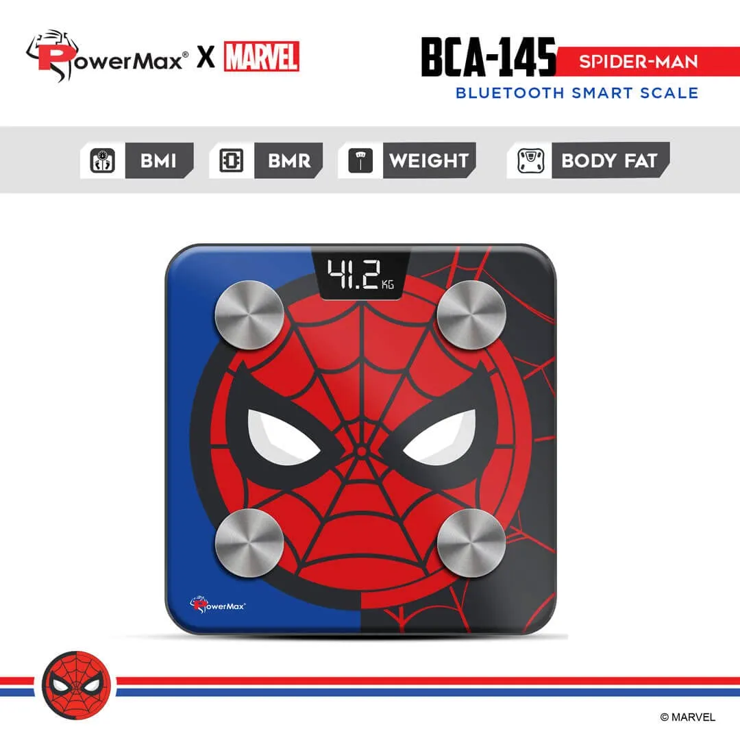 BCA-145 Spider-Man Edition Digital Bathroom Weight Scale for Human Fitness Body Weight with Max Weighing Capacity 180kg | LED Display | Tempered Glass | Mobile App and Body Fat Analyzer