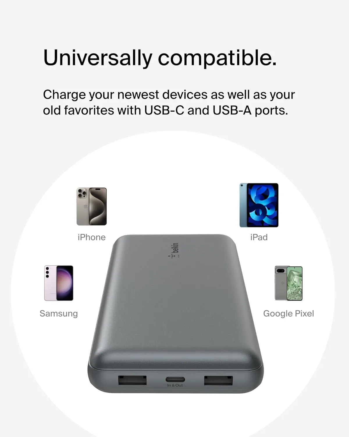 Belkin Portable Charger, USB-C Power Bank 20K W/ 1 USB-C Port and 2 USB-A Ports with USB-A to USB-C Cable for Iphone 16, 16 Plus, 16 Pro, 16 Pro Max, Samsung Galaxy S24, & More - Gray