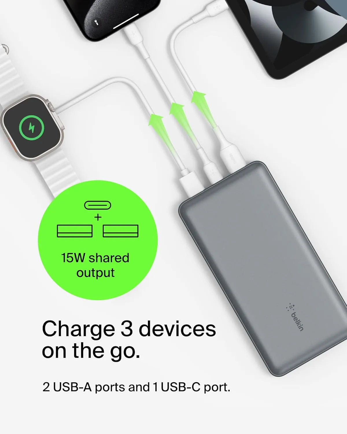 Belkin Portable Charger, USB-C Power Bank 20K W/ 1 USB-C Port and 2 USB-A Ports with USB-A to USB-C Cable for Iphone 16, 16 Plus, 16 Pro, 16 Pro Max, Samsung Galaxy S24, & More - Gray