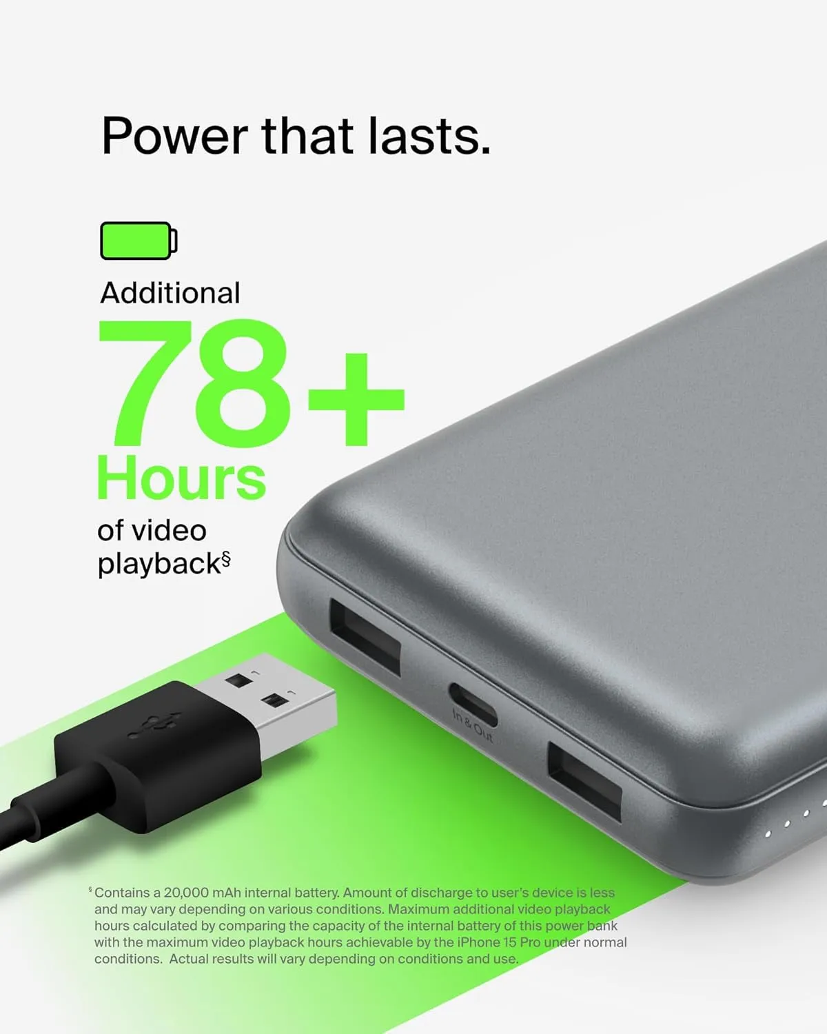 Belkin Portable Charger, USB-C Power Bank 20K W/ 1 USB-C Port and 2 USB-A Ports with USB-A to USB-C Cable for Iphone 16, 16 Plus, 16 Pro, 16 Pro Max, Samsung Galaxy S24, & More - Gray