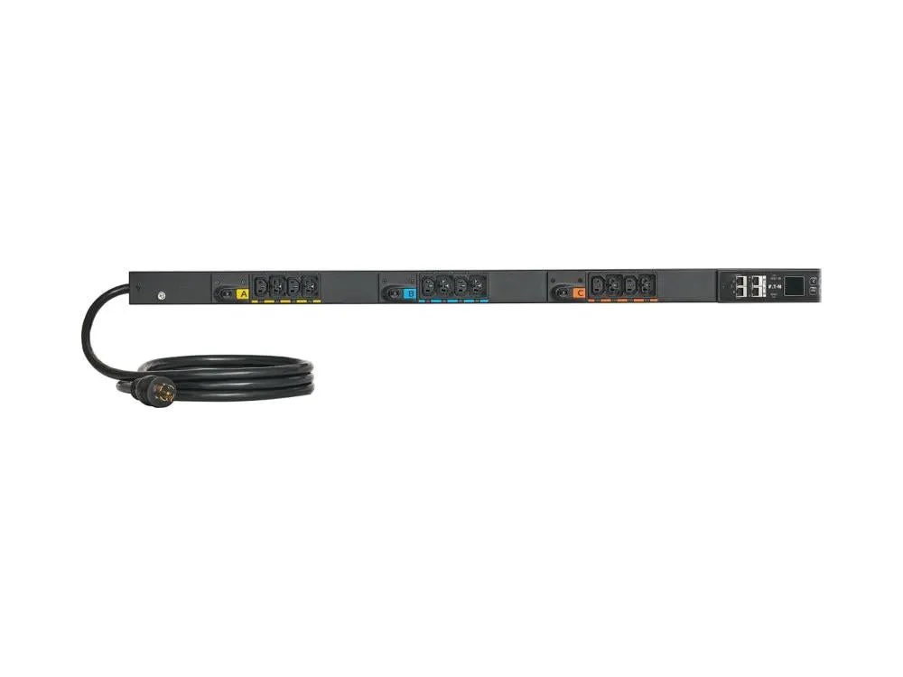 Eaton EMI310-10 Metered Input rack PDU, 0U, L21-30P input, 8.64 kW max, 120/208V, 24A, 10 ft cord, Three-phase, Outlets: (1) 5-20R, (30) C13 Outlet grip