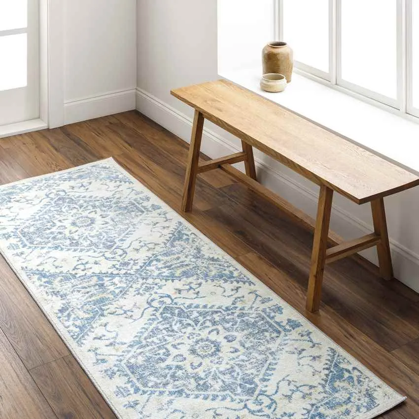 Eman Traditional Denim Blue Washable Area Rug