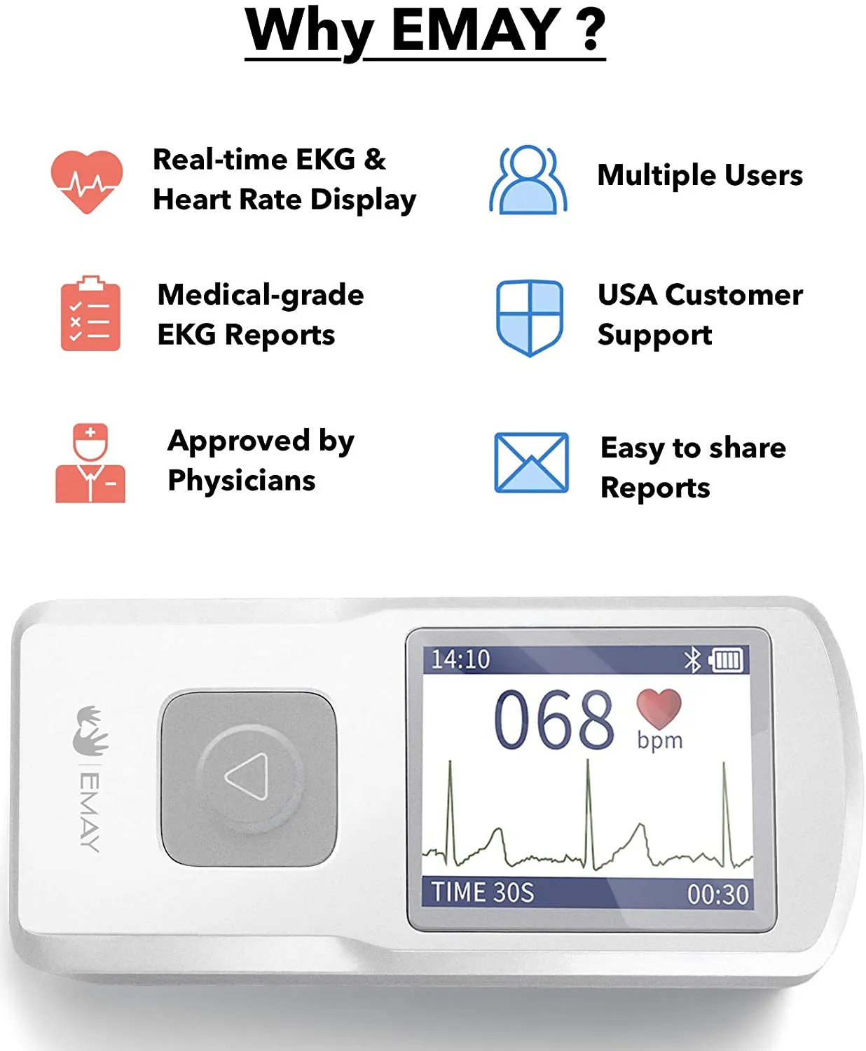 EMAY Portable ECG Monitor (for iPhone & Android, Mac & Windows) | Wireless EKG Monitoring Devices to Track Heart Rate & Rhythm for Heart Performance