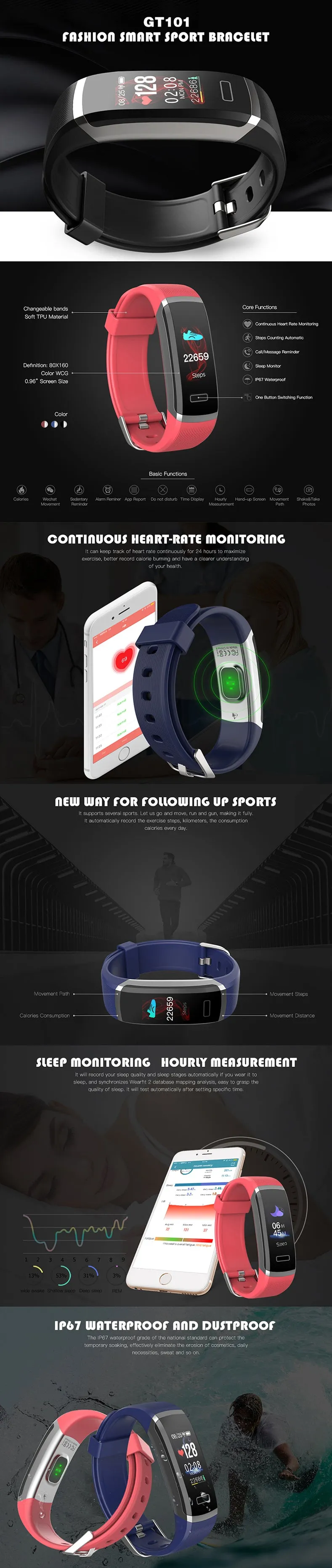 GT101 Unisex smart bracelet with Continuous Heart Rate Monitoring, Fitness Tracking and More