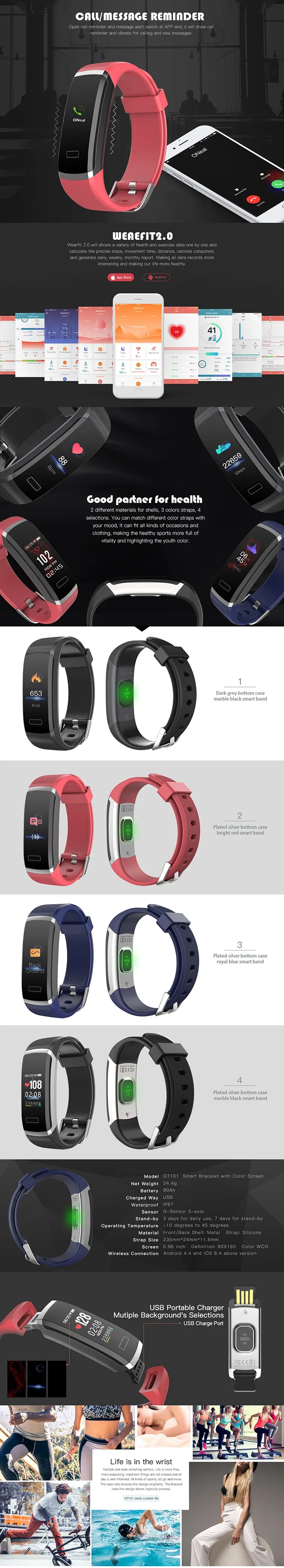 GT101 Unisex smart bracelet with Continuous Heart Rate Monitoring, Fitness Tracking and More