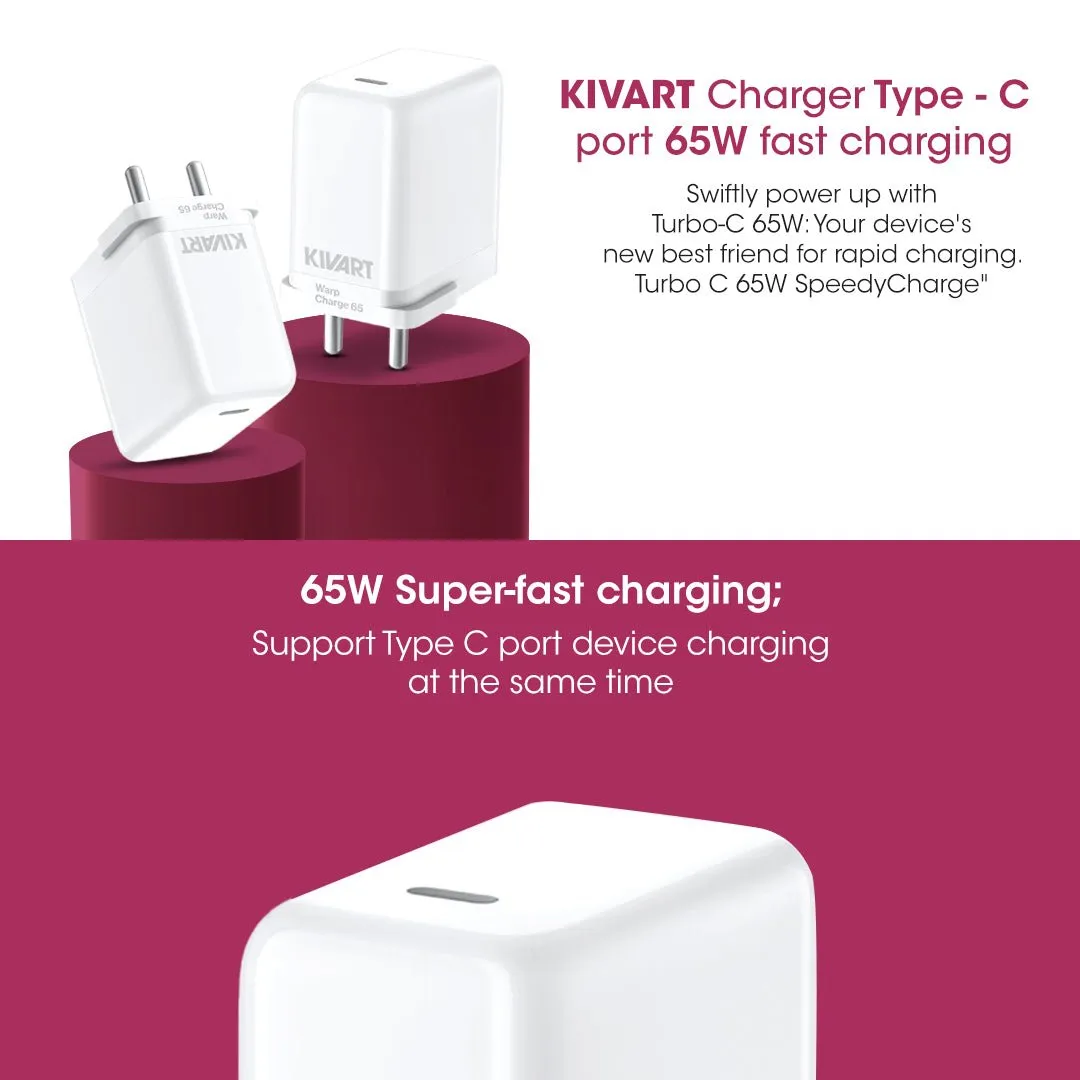 Kivart Turbo |65W Warp Charger | Type C to Type C | Fast Charging | Multi-Layer Protection | BIS Approved | Cable included