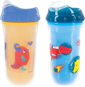 Nuby No-Spill Insulated Cool Sipper, 9 Ounce,  (Pack of 2) Blue Dino and Yellow Monster