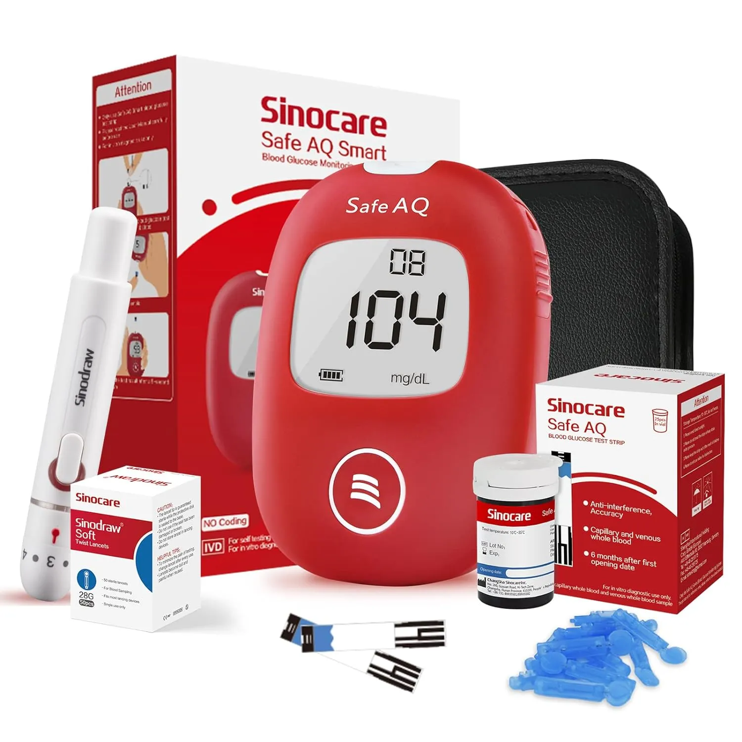 Sinocare Safe AQ Smart Blood Glucose Monitor Set - Includes 25 Test Strips, Portable for Self-Testing & Travel, mg/dL