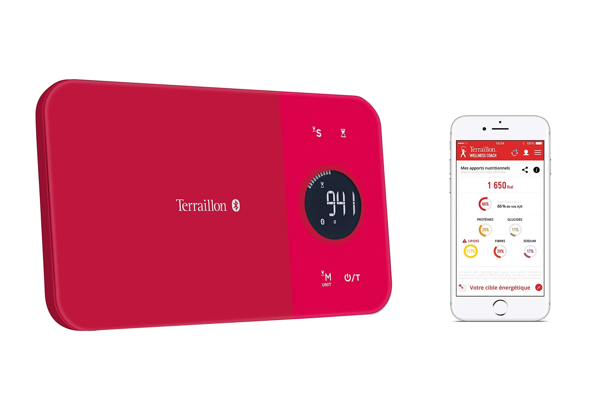 Terraillon 14414 Connected Kitchen Scales, for Smartphone/Tablet, Monitor Your Energy Intake, Tare Function, Liquid Conversion, Timer, Bluetooth Smart, 5 kg, NutriTab, Cranberry Red