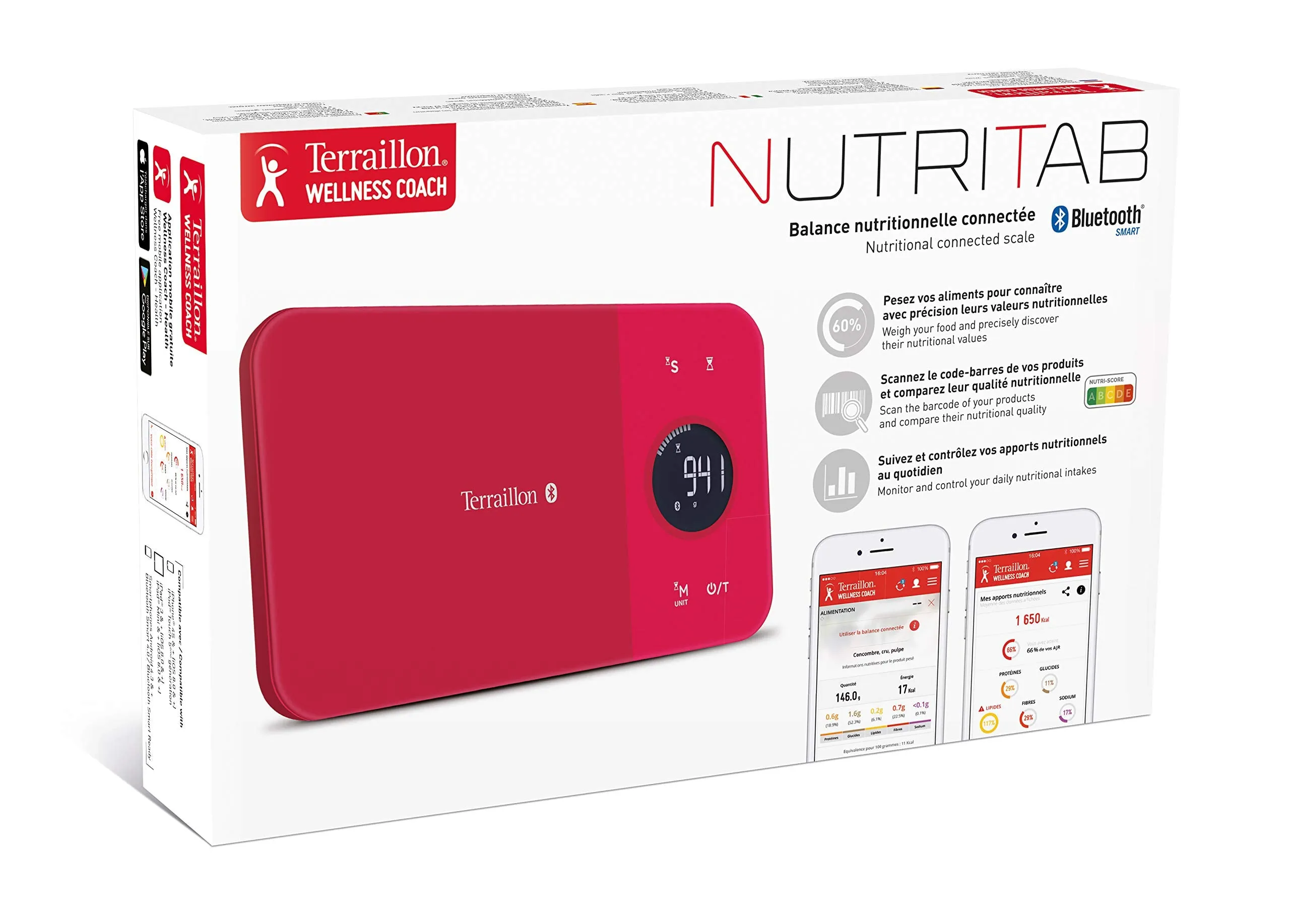 Terraillon 14414 Connected Kitchen Scales, for Smartphone/Tablet, Monitor Your Energy Intake, Tare Function, Liquid Conversion, Timer, Bluetooth Smart, 5 kg, NutriTab, Cranberry Red