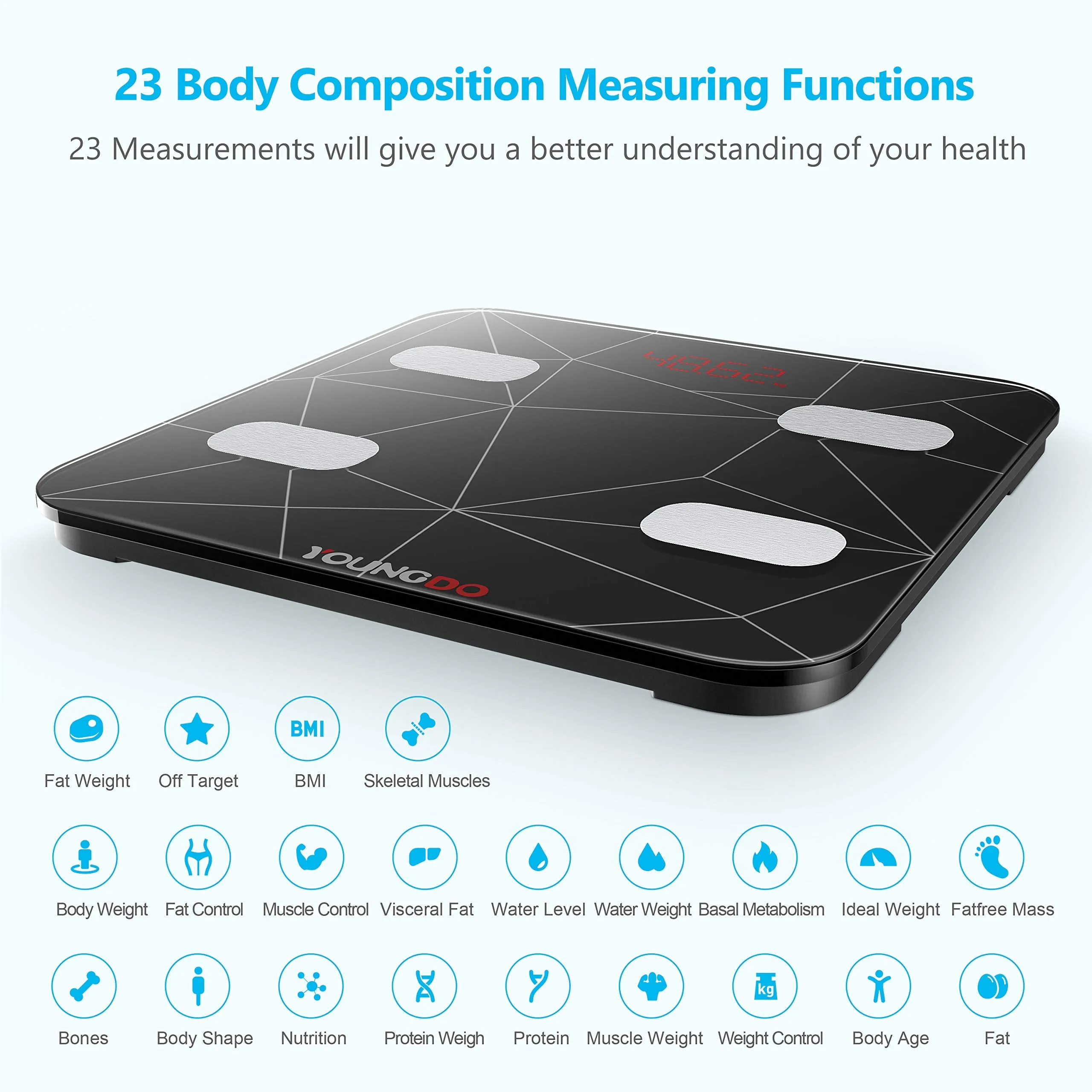 YOUNGDO Bluetooth Body Fat Scale,Bathroom Scales Digital Weight Weighing BMI Scale Body Composition Analyzer Monitors with 23 Health Measurements,Sync Data with Apple Health, Google Fit & Fitbit APP